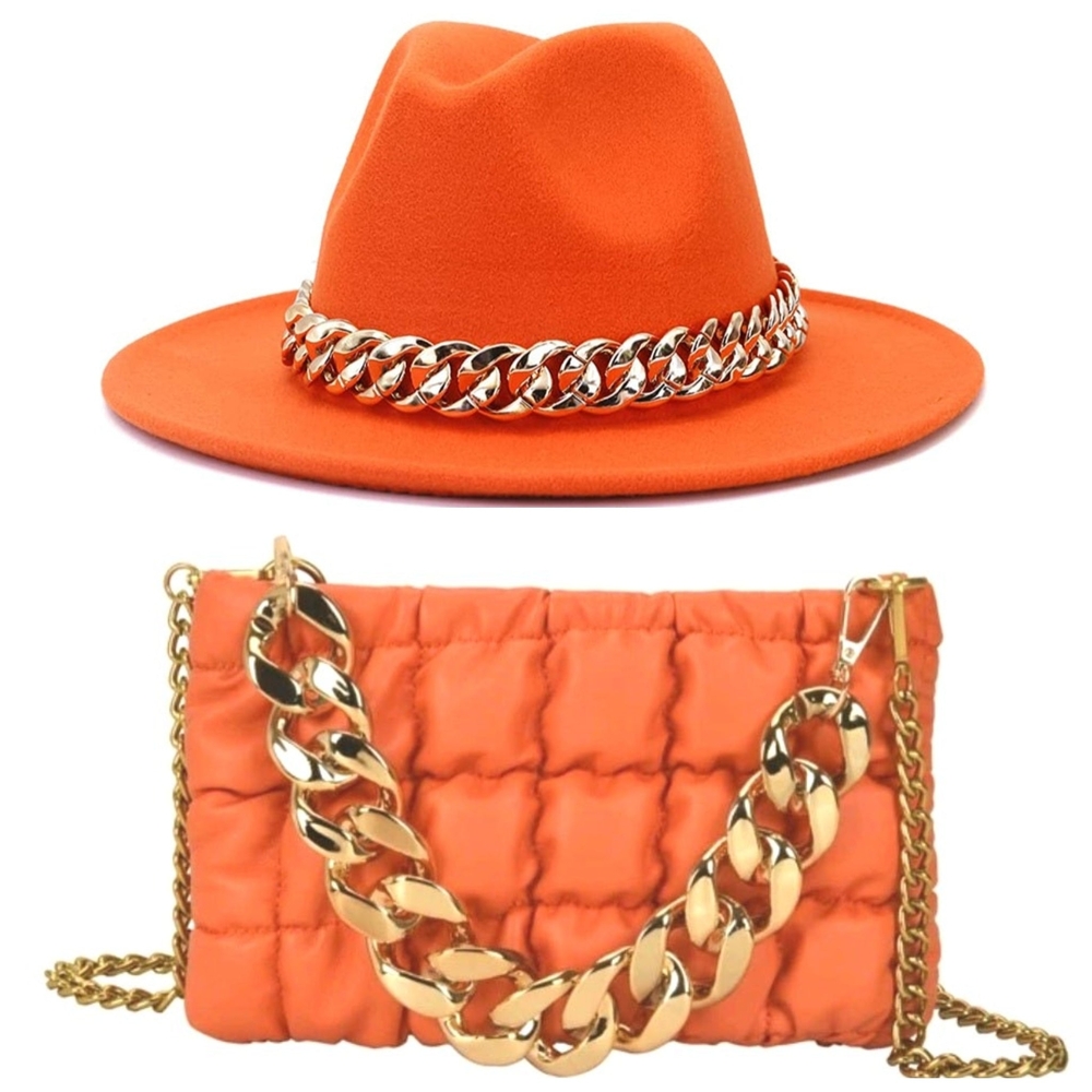 Orange Hat and Bag Set with Gold Chain